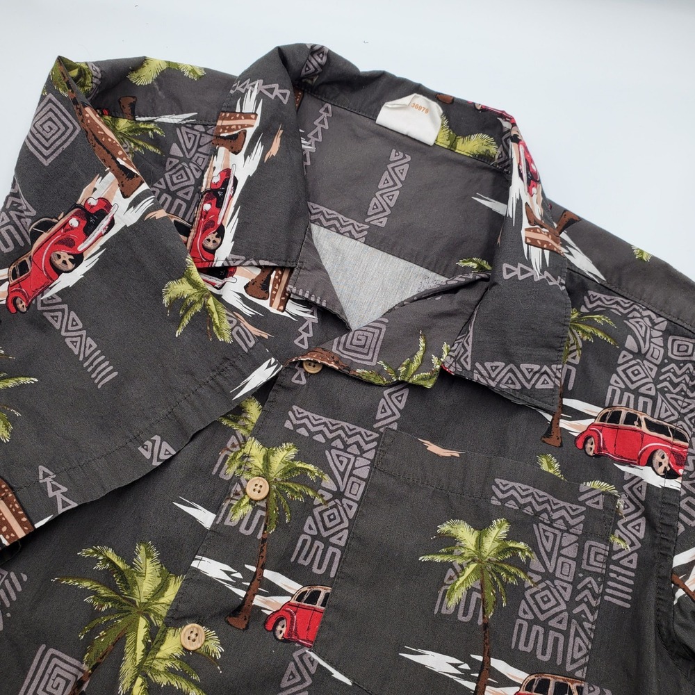 Barefoot In Paradise Aloha Royals Mens Gray Tropical Car Print Shirt M Flaw